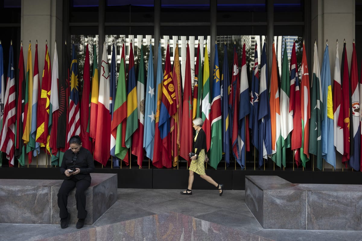 A woman walks in front of a row of decorative national flags (Ariana Lindquist/IMF Photo)