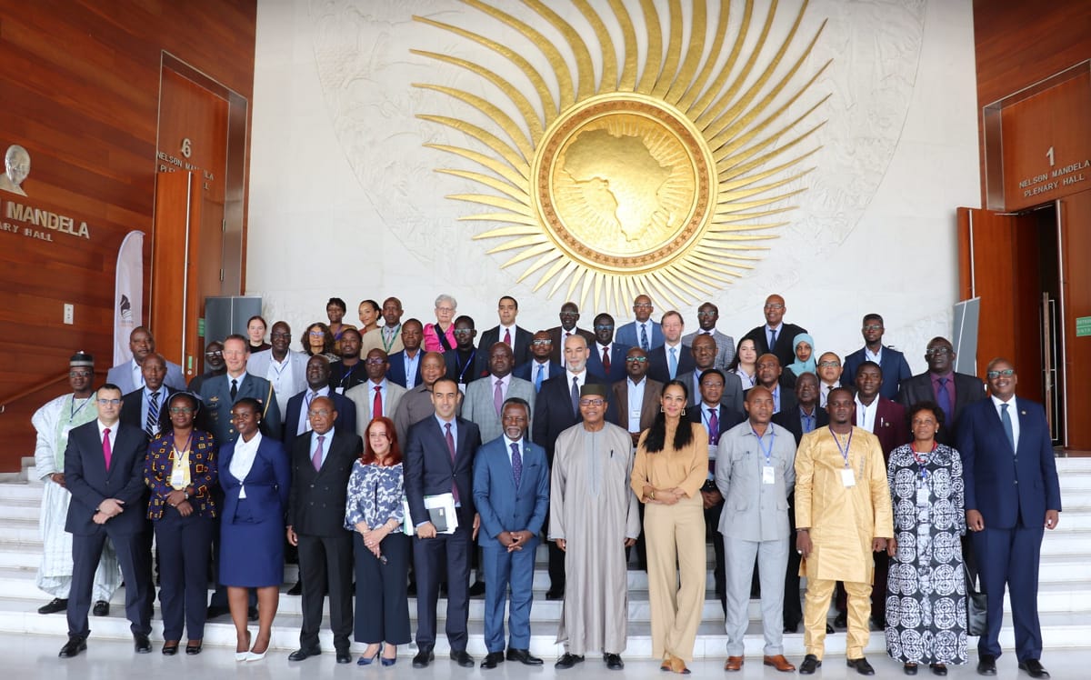Officials gather outside the Nelson Mandela Plenary Hall in the African Union Headquarters, Addis Ababa, Ethiopia, in November 2023 (UNOAU/Sandra Barrows)