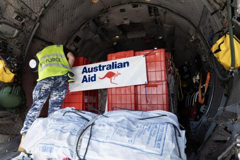The Australian Air Force transports aid to Port Moresby in Papua New Guinea after the landslide in Enga Province (Maddison Scott/Defence Images)