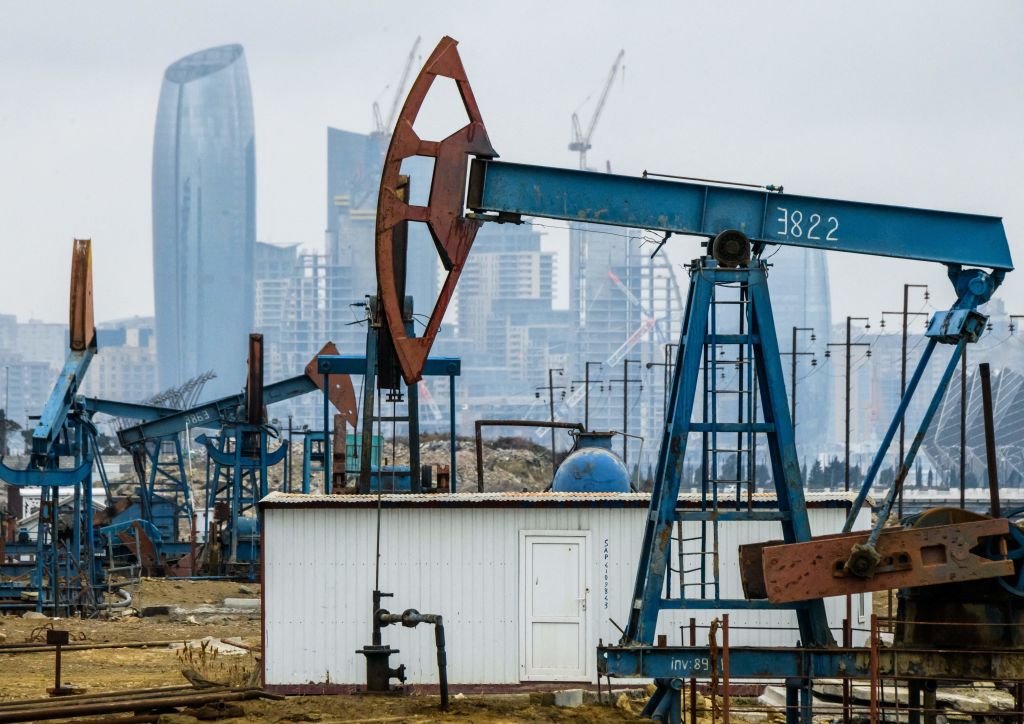 oil wells of Bibi Heybat Oil Field, situated at the coast of the Caspian Sea outside Baku (Mladen Antonov/AFP via Getty Images)