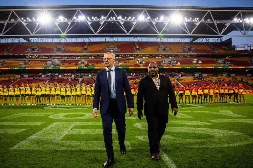 Australia's Prime Minister Anthony Albanese and Papua New Guinea's Prime Minister James Marape ahead of a 2022 international women's rugby league match between Australia and PNG at Suncorp Stadium, Brisbane (Patrick Hamilton/AFP via Getty Images)