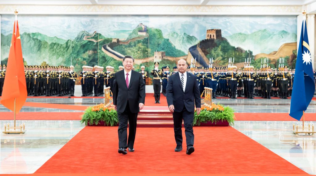 China’s President Xi Jinping hosts talks for Nauru’s President David Adeang in Beijing following Nauru’s switch of diplomatic recognition away from Taiwan (Huang Jingwen/Xinhua via Getty Images)
