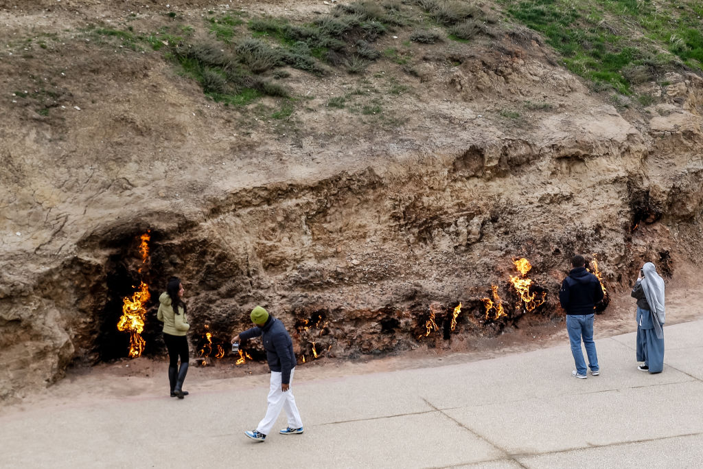 Yanar Dagh, a natural gas fire which blazes continuously on a hillside on the Absheron Peninsula on the Caspian Sea near Baku