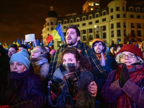 A pro-European rally at Piata Universitatii square in Bucharest on 5 December 2024 following contested presidential elections (Daniel Mihailescu/AFP via Getty Images)