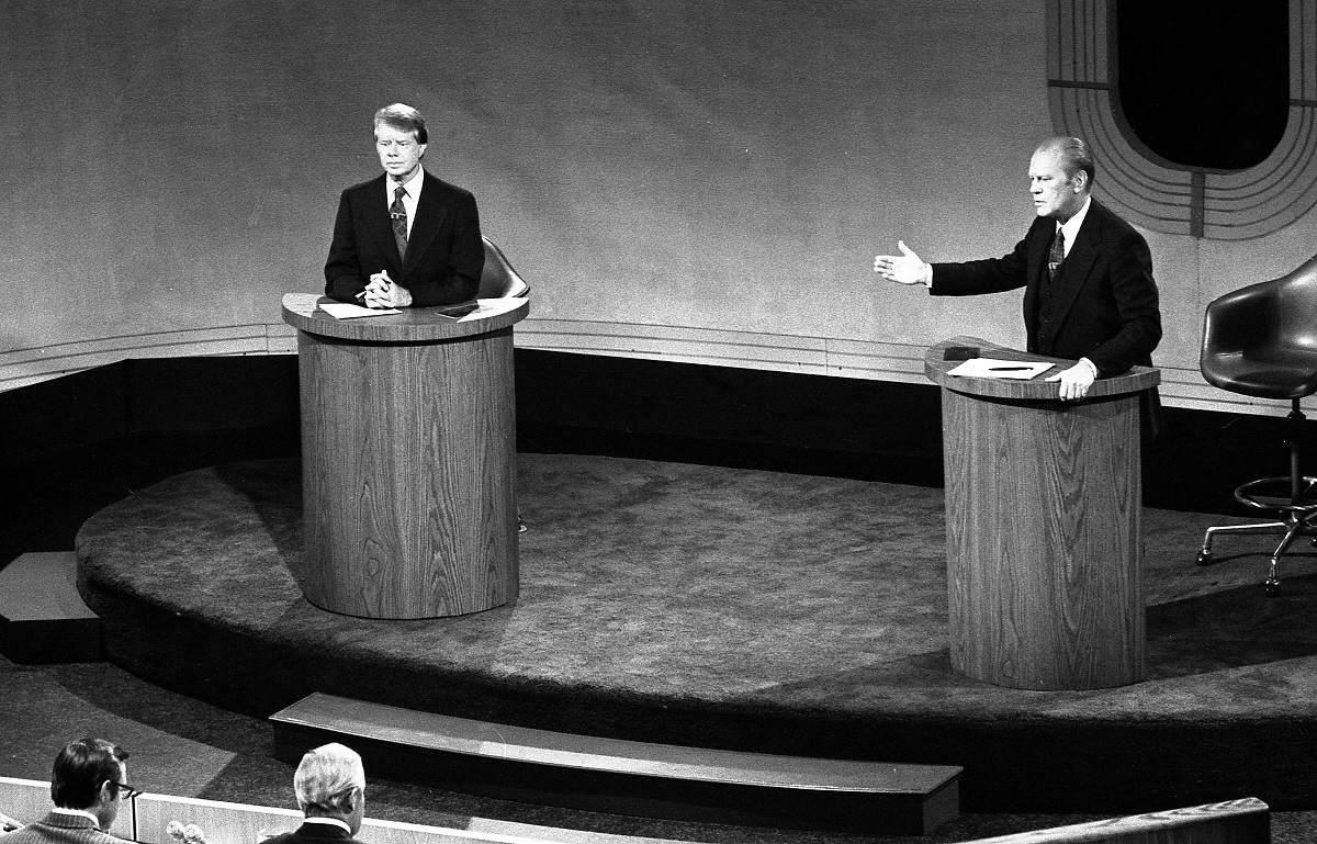 Presidential candidates Jimmy Carter (L) and Gerald Ford (R) meet at the Walnut Street Theater in Philadelphia to debate domestic policy during the first of three Ford-Carter debates, 23 September 1976 (Gerald R. Ford Library/Wikimedia Commons)