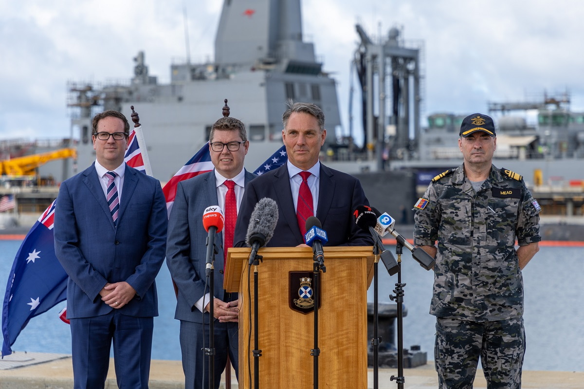 Australian Deputy Prime Minister Richard Marles (C) visits HMAS Stirling, Western Australia, on 16 March 2023 following the announcement of the AUKUS “Optimal Pathway” for Australian submarine capability development (Ernesto Sanchez/Royal Australian Navy Images)